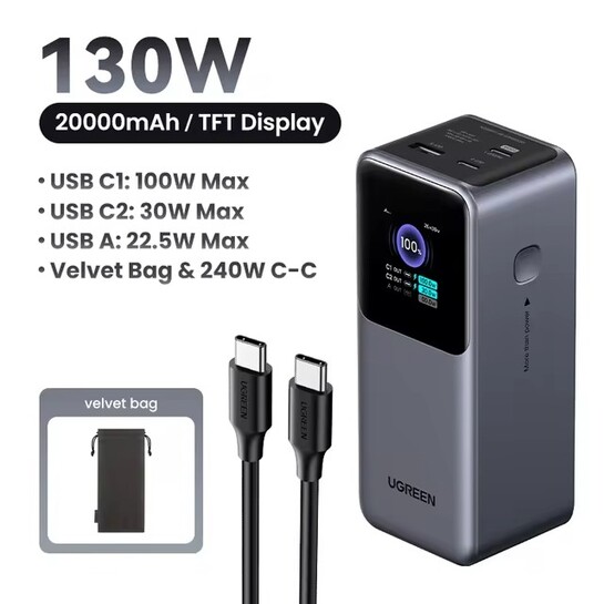 Внешний аккумулятор UGREEN 130 Вт, 20000 mAh