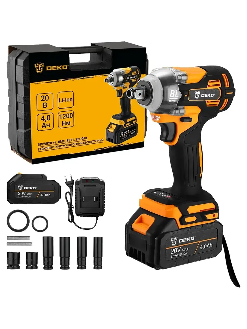Бесщеточный аккумуляторный гайковерт DEKO DKIWB20-v2 1200 Нм, 20В, 2x4.0Ач, кейс, набор + 1240 бонусов за отзыв (с ВБ кошельком)