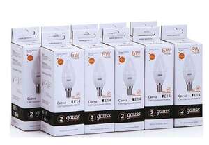 [Волгоград] Упаковка ламп LED GAUSS E14, свеча, 6Вт, 3000К, белый теплый, 10 шт.