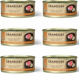 Влажный корм для кошек GRANDORF консервы с филе тунца и куриной грудкой 70 гр (6 штук)