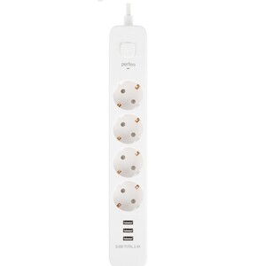 Сетевой фильтр Perfeo POWER STREAM, 2500W, 2 м, 4 розетки, 3 USB, белый
