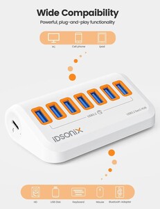 USB HUB iDsonix DAU3-7A хаб USB 3.2 Gen1 5 Гбит/с, с 7*USB A, 1M, белый (из-за рубежа, с картой OZON)