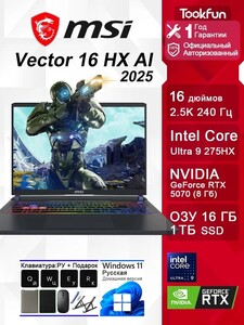 Ноутбук MSI Vector 16, 16", 2560х1600, Intel Core Ultra 9 275HX, 16/1024 Гб, RTX 5070 (с картой OZON, из-за рубежа)